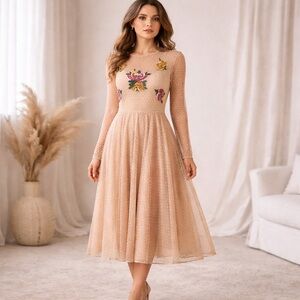 ASOS Nude Mesh Embroidered Floral Dress Romantic A-Line Size 4